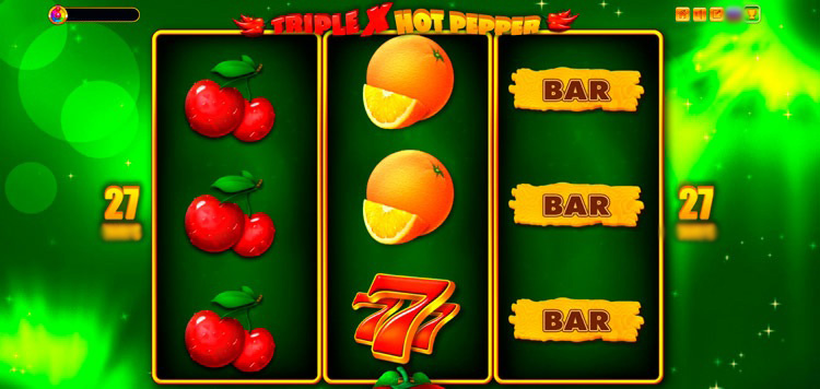 Игровое поле автомата Triple X Hot Pepper с выигрышной комбинацией из трех перцев