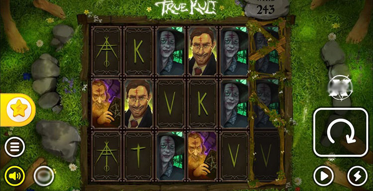 Скриншот игрового поля True Kult: 6 барабанов, 3 ряда, темная культовая атмосфера