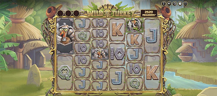 Игровой автомат Wild Turkey Megaways — игровое поле с символами индюков и ацтекскими артефактами