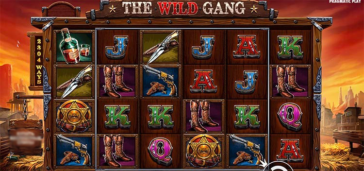 Главный экран игрового автомата The Wild Gang с ковбоями на фоне пустыни