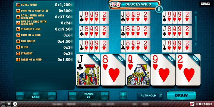 Игровое поле слота Bonus Deuces Wild с карточными символами и Wild двойками