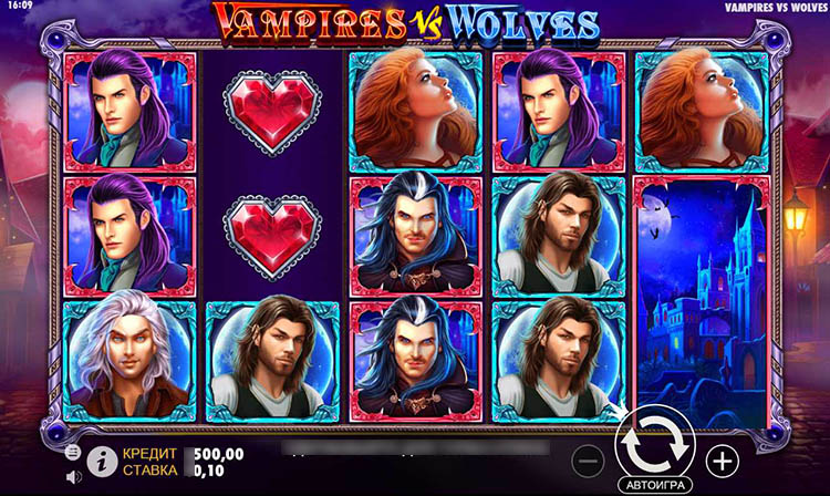 Игровое поле слота Vampires vs Wolves с барабанами и символами вампиров и оборотней