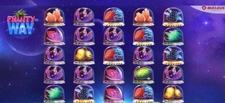 Игровой автомат Fruity Way с яркими фруктовыми символами и фантастическим неоновым фоном