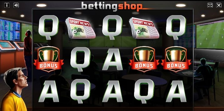 Игровое поле слота Betting Shop — интерьер букмекерской конторы, табло с коэффициентами, символы спорта