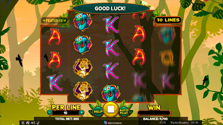 Игровое поле слота Wacky Monkey с обезьянкой на фоне джунглей