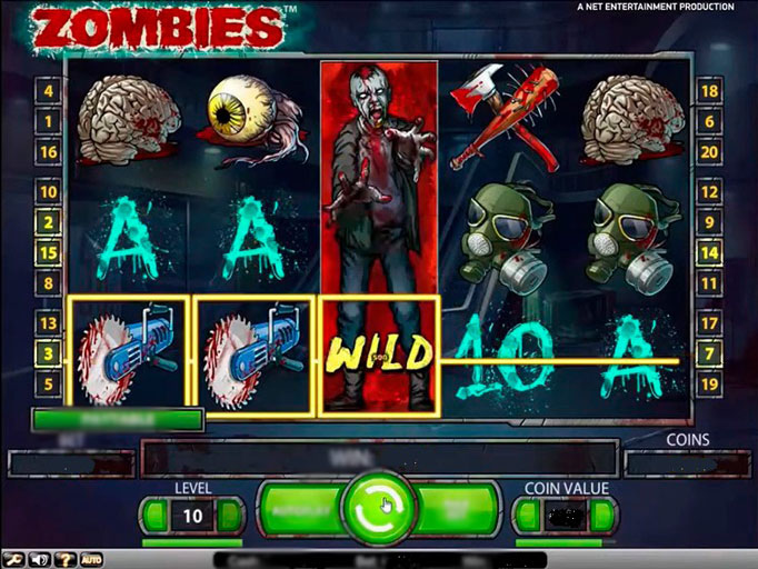 Игровое поле слота Zombies от NetEnt с выигрышной комбинацией и бонусной игрой