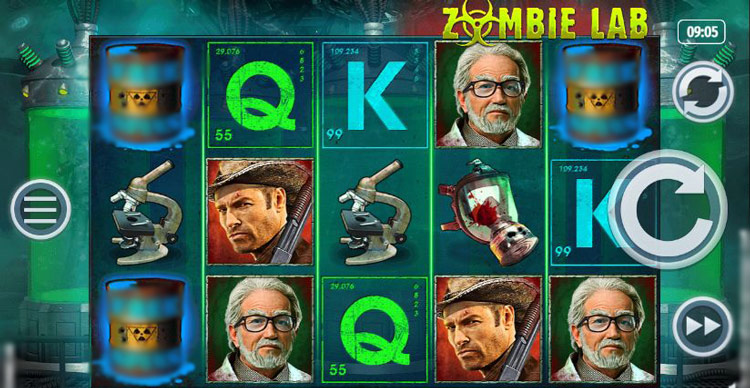 Игровое поле Zombie Lab с активными линиями выплат, подсвеченными зеленым